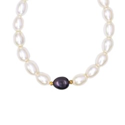 Βραχιόλι με Κ14 χρυσό κούμπωμα, λευκά & μαύρο μαργαριτάρι - M126694