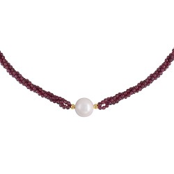 Κολιέ με Κ14 χρυσά στοιχεία, γρανάδα και λευκό μαργαριτάρι - F126563