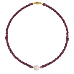 Κολιέ με Κ14 χρυσά στοιχεία, γρανάδα και λευκό μαργαριτάρι - F126563