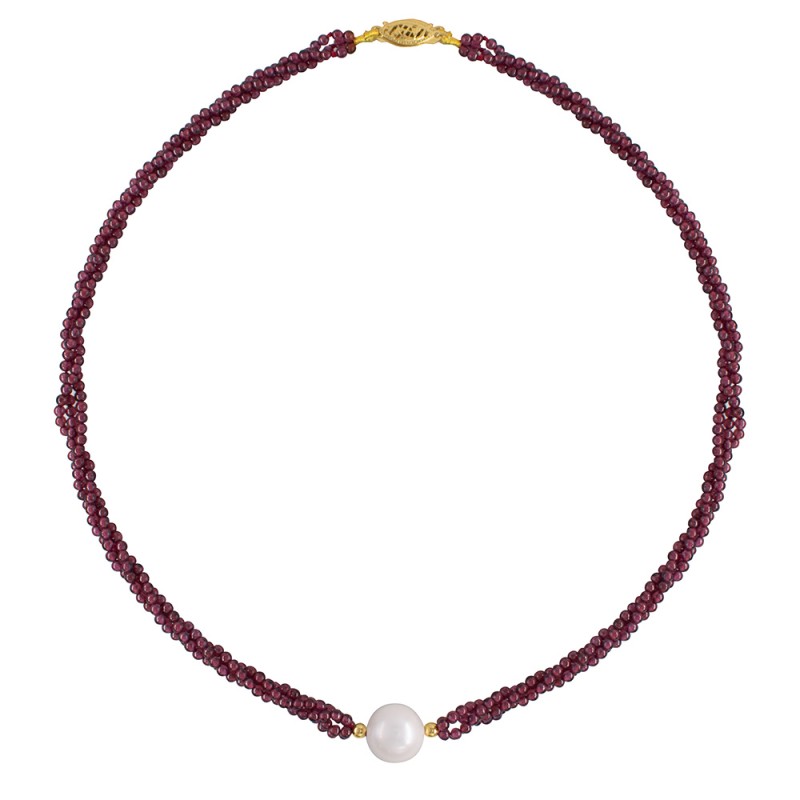 Κολιέ με Κ14 χρυσά στοιχεία, γρανάδα και λευκό μαργαριτάρι - F126563