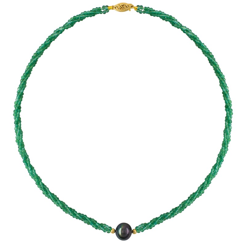 Κολιέ με Κ14 χρυσό κούμπωμα, περίδοτο και μαύρο μαργαριτάρι - F126562