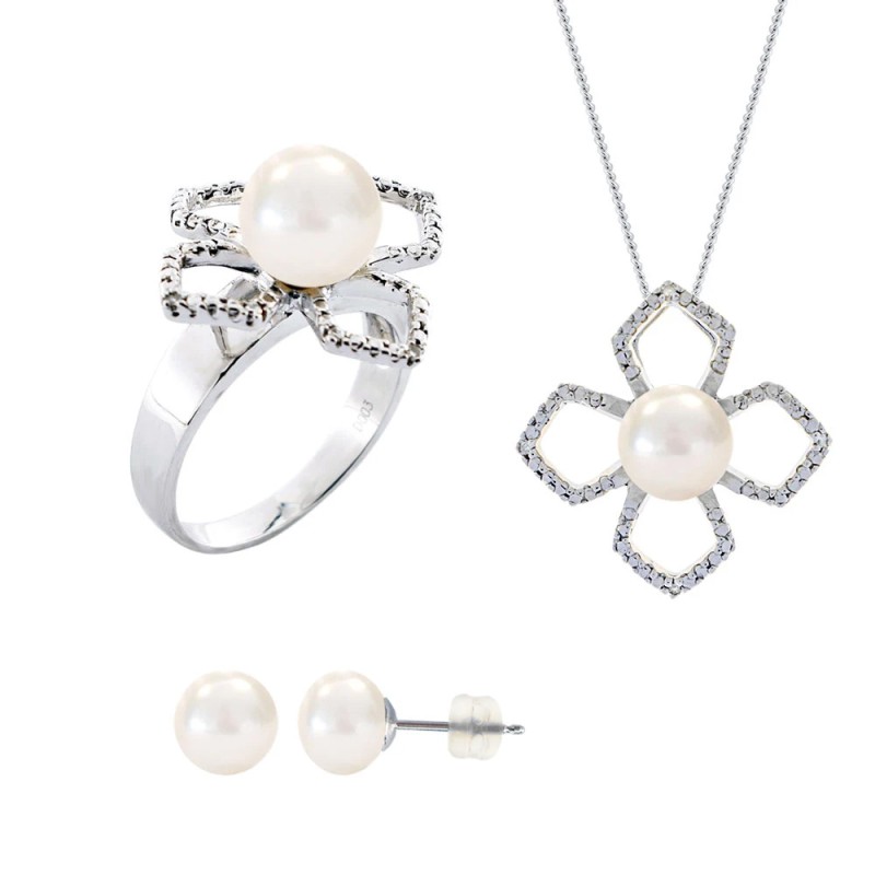 Σετ δαχτυλίδι, μενταγιόν και δώρο σκουλαρίκια με λευκά μαργαριτάρια σε ασήμι 925 - F990063