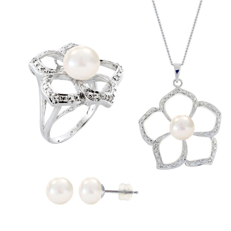 Σετ δαχτυλίδι, μενταγιόν και δώρο σκουλαρίκια με λευκά μαργαριτάρια σε ασήμι 925 - F990062