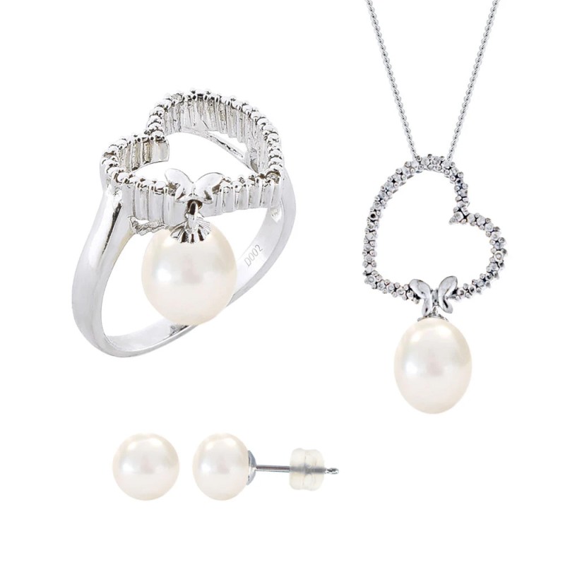 Σετ δαχτυλίδι, μενταγιόν και δώρο σκουλαρίκια με λευκά μαργαριτάρια σε ασήμι 925 - M990061