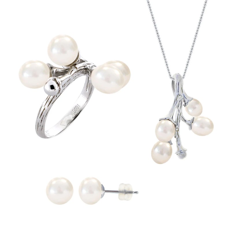 Σετ δαχτυλίδι, μενταγιόν και δώρο σκουλαρίκια με λευκά μαργαριτάρια σε ασήμι 925 - M990064