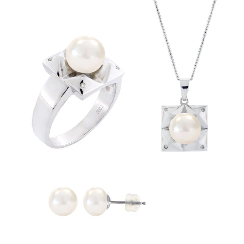 Σετ δαχτυλίδι, μενταγιόν και δώρο σκουλαρίκια με λευκά μαργαριτάρια σε ασήμι 925 - M990059