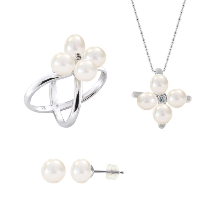 Σετ δαχτυλίδι, μενταγιόν και δώρο σκουλαρίκια με λευκά μαργαριτάρια σε ασήμι 925 - F990065