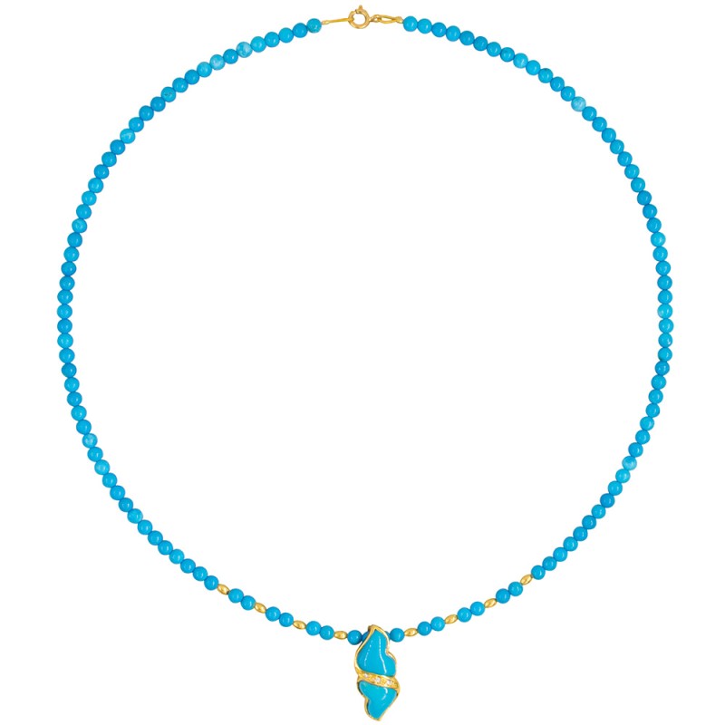 Κολιέ με Κ14 χρυσά στοιχεία, turquoise και μενταγιόν Κ18 χρυσό με διαμάντια και τιρκουάζ - F126495