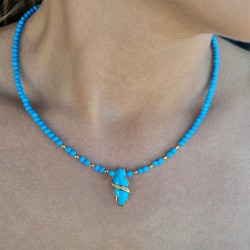 Κολιέ με Κ14 χρυσά στοιχεία, turquoise και μενταγιόν Κ18 χρυσό με διαμάντια και τιρκουάζ - F126495