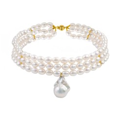 Κολιέ choker με Κ14 χρυσό κούμπωμα, 3 σειρές μαργαριτάρια και μενταγιόν με μαργαριτάρι Baroque - F126488