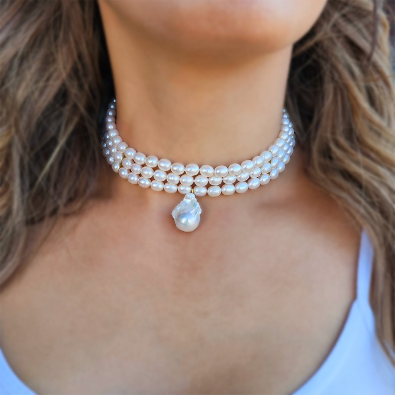 Κολιέ choker με Κ14 χρυσό κούμπωμα, 3 σειρές μαργαριτάρια και μενταγιόν με μαργαριτάρι Baroque - F126488