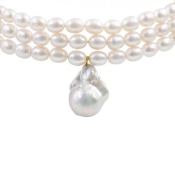 Κολιέ choker με Κ14 χρυσό κούμπωμα, 3 σειρές μαργαριτάρια και μενταγιόν με μαργαριτάρι Baroque - F126488