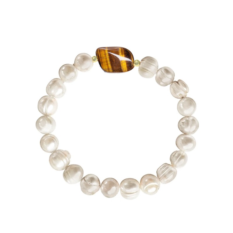 Βραχιόλι με λευκά μαργαριτάρια και Tiger Eye - M123474T