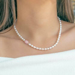 Κολιέ με Κ14 στοιχεία, μαργαριτάρια και rose quartz - F124263R