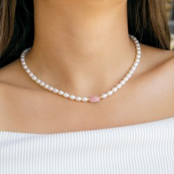 Κολιέ με Κ14 στοιχεία, μαργαριτάρια και rose quartz - F124263RQ