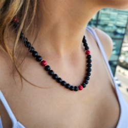 Κολιέ με Κ14 χρυσό κούμπωμα, Black Agate και κοράλλια - F125301C