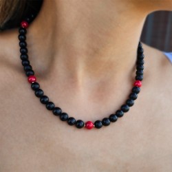 Κολιέ με Κ14 χρυσό κούμπωμα, Black Agate και κοράλλια - F125301C