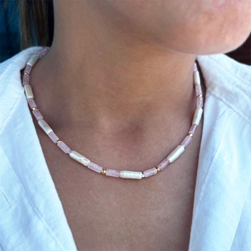 Κολιέ με Κ14 χρυσό κούμπωμα, rose quartz, μαργαριτάρια Biwa και αιματίτη - F126442