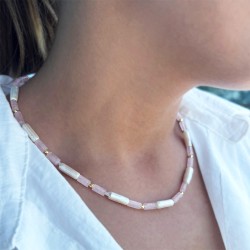 Κολιέ με Κ14 χρυσό κούμπωμα, rose quartz, μαργαριτάρια Biwa και αιματίτη - F126442