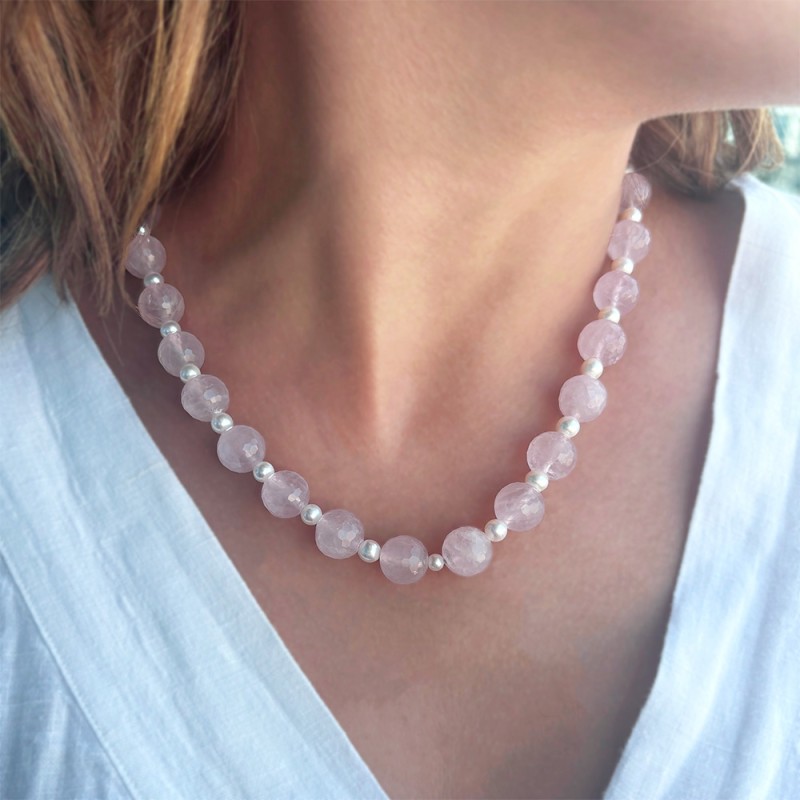 Κολιέ με Κ14 χρυσό κούμπωμα, Rose Quartz και λευκά μαργαριτάρια - F126415