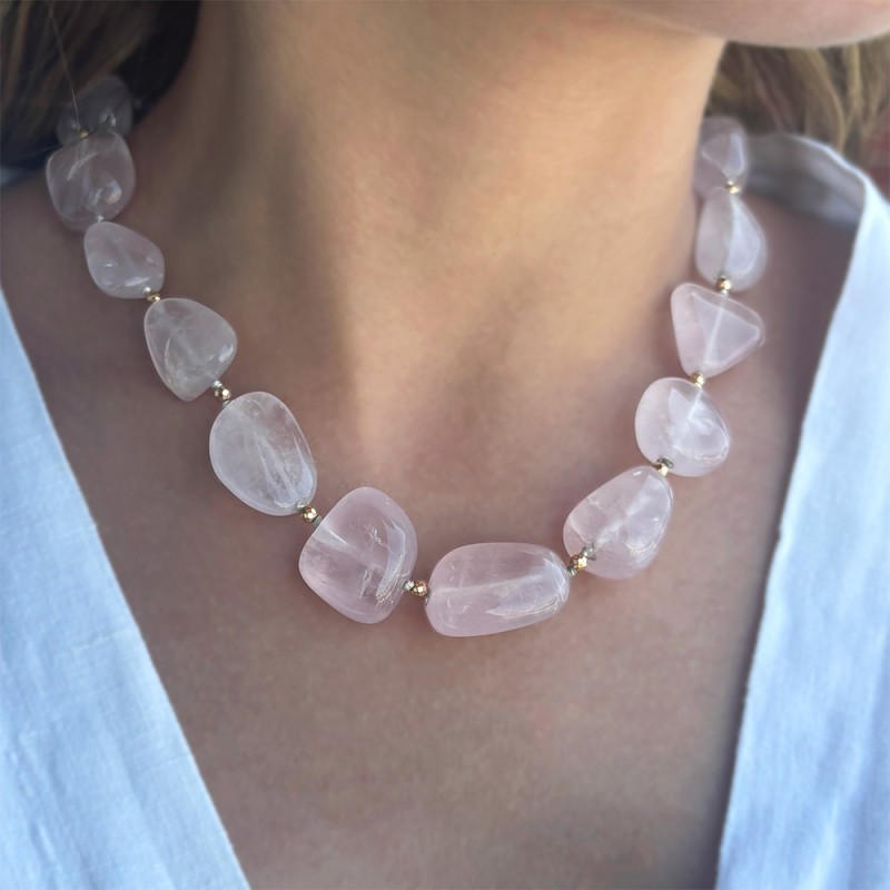 Κολιέ με Κ14 χρυσό κούμπωμα και Rose Quartz - F122838