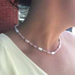 Κολιέ με μαργαριτάρια, rose quartz και hematite και ασημένιο κούμπωμα 925 - F124389
