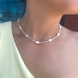 Κολιέ με μαργαριτάρια, rose quartz και hematite και ασημένιο κούμπωμα 925 - F124389