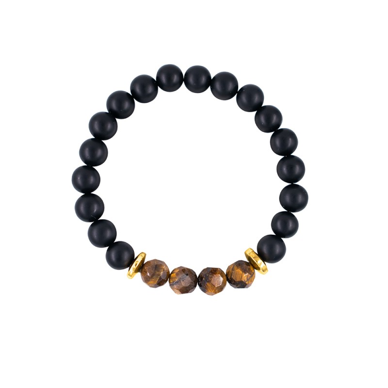 Βραχιόλι με ημιπολύτιμο λίθο black agate, tiger eye και αιματίτη χρυσού χρωματισμού - B126338
