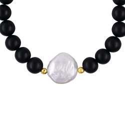 Βραχιόλι με ημιπολύτιμο λίθο black agate, μαργαριτάρι Biwa και αιματίτη χρυσού χρωματισμού - B126339