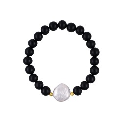 Βραχιόλι με ημιπολύτιμο λίθο black agate, μαργαριτάρι Biwa και αιματίτη χρυσού χρωματισμού - B126339