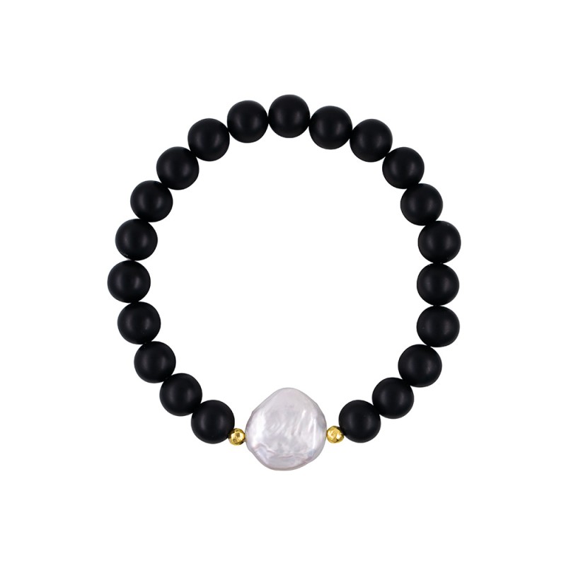 Βραχιόλι με ημιπολύτιμο λίθο black agate, μαργαριτάρι Biwa και αιματίτη χρυσού χρωματισμού - B126339