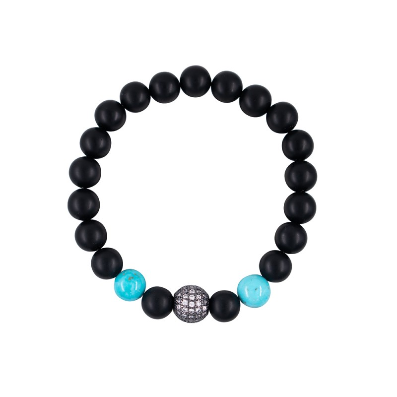 Βραχιόλι με ημιπολύτιμο λίθο black agate, τιρκουάζ και σφαίρα με ζιργκόν - B126340