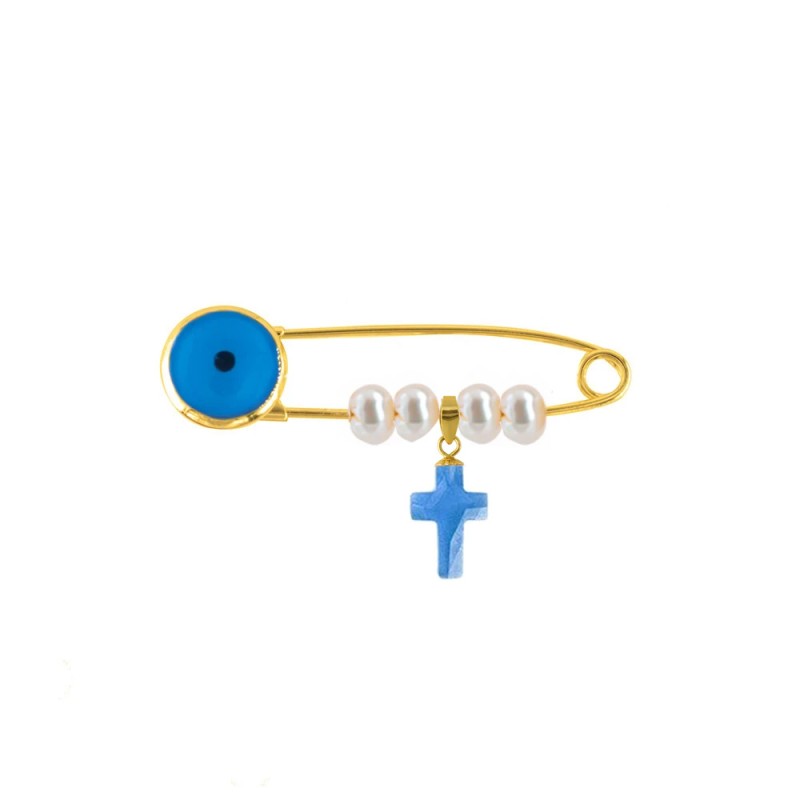 Παραμάνα με Κ14 χρυσό μενταγιόν σταυρό με blue topaz και μαργαριτάρι - G125917