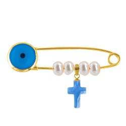 Παραμάνα με Κ14 χρυσό μενταγιόν σταυρό με blue topaz και μαργαριτάρι - G125917