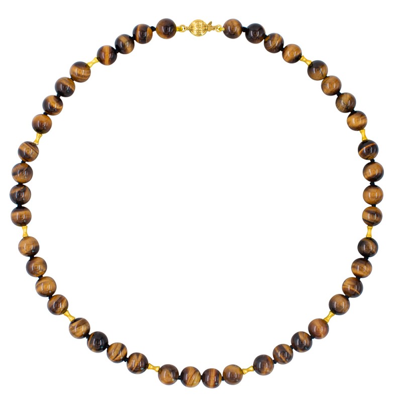 Κολιέ με Κ18 χρυσά στοιχεία, tiger eye και Κ14 χρυσό κούμπωμα - F125859