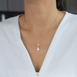 Κολιέ με μαργαριτάρι και ζιργκόν σε ασημένια αλυσίδα 925 επιχρυσωμένη - S124336G