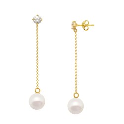 Σκουλαρίκια με Κ14 χρυσή αλυσίδα, λευκά μαργαριτάρια Q.T.V. και ζιργκόν - F125852W