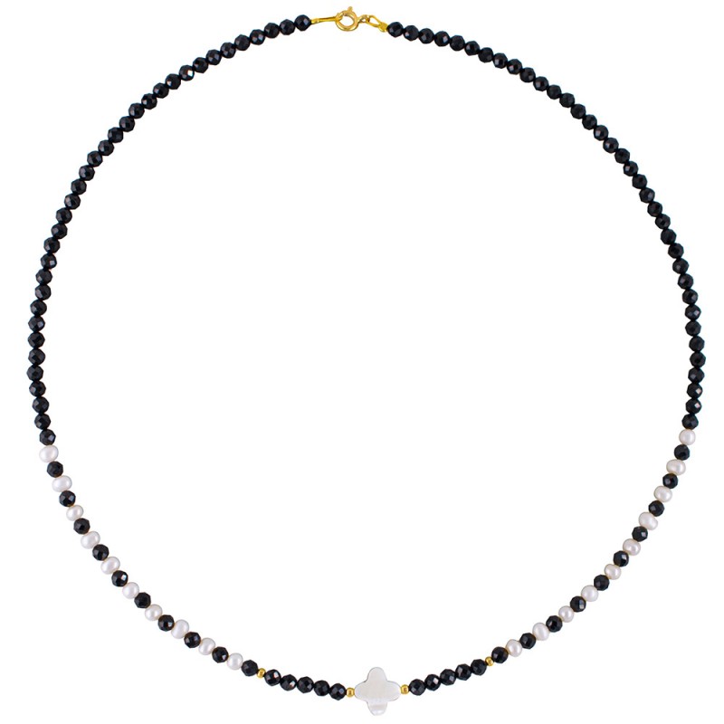 Κολιέ με Κ14 χρυσά στοιχεία, spinel, μαργαριτάρια και μενταγιόν - F125636