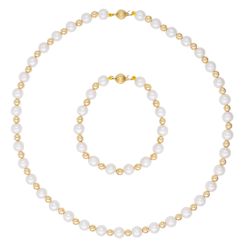 Σετ κολιέ και βραχιόλι με Κ14 χρυσά στοιχεία με λευκά μαργαριτάρια - S124986