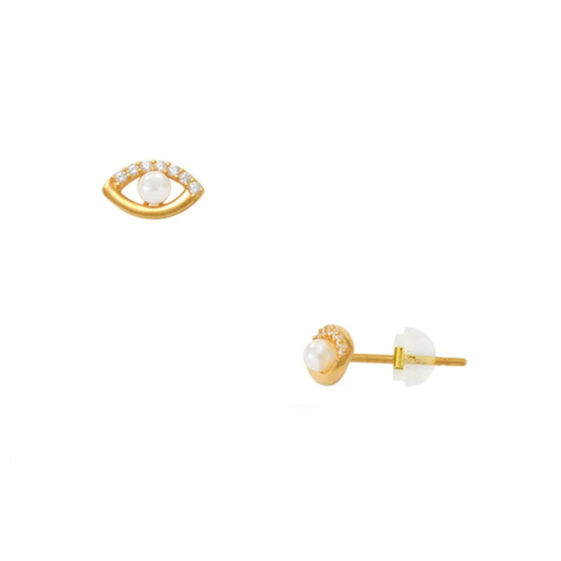 Γούρι 2023 - σκουλαρίκια Κ14 χρυσά με ζιργκόν και μαργαριτάρι Q.T.V. Akoya - F124531