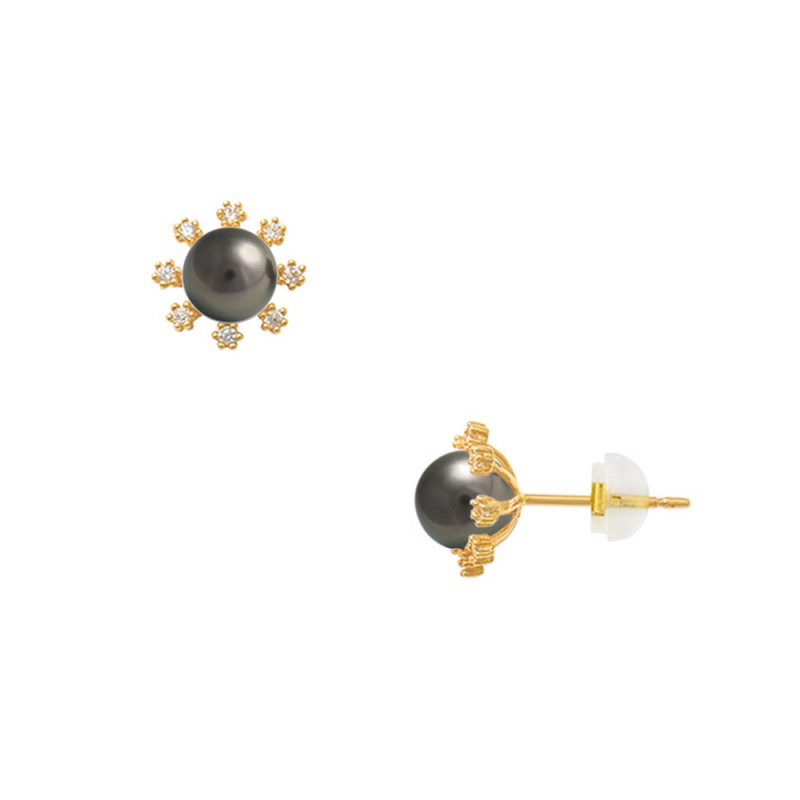 Σκουλαρίκια Κ14 χρυσά με μαύρο μαργαριτάρι Q.T.V. Akoya και ζιργκόν - F124527B
