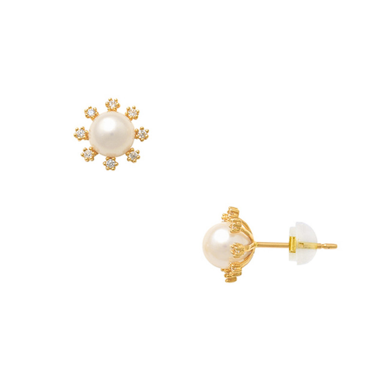 Σκουλαρίκια Κ14 χρυσά με λευκό μαργαριτάρι Q.T.V Akoya και ζιργκόν - F124527