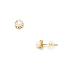 Σκουλαρίκια ροζέτα Κ14 χρυσά με λευκό μαργαριτάρι και ζιργκόν - F124532