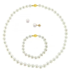 Σετ Κ14 χρυσό κολιέ, σκουλαρίκια και βραχιόλι με λευκά μαργαριτάρια - S124044S