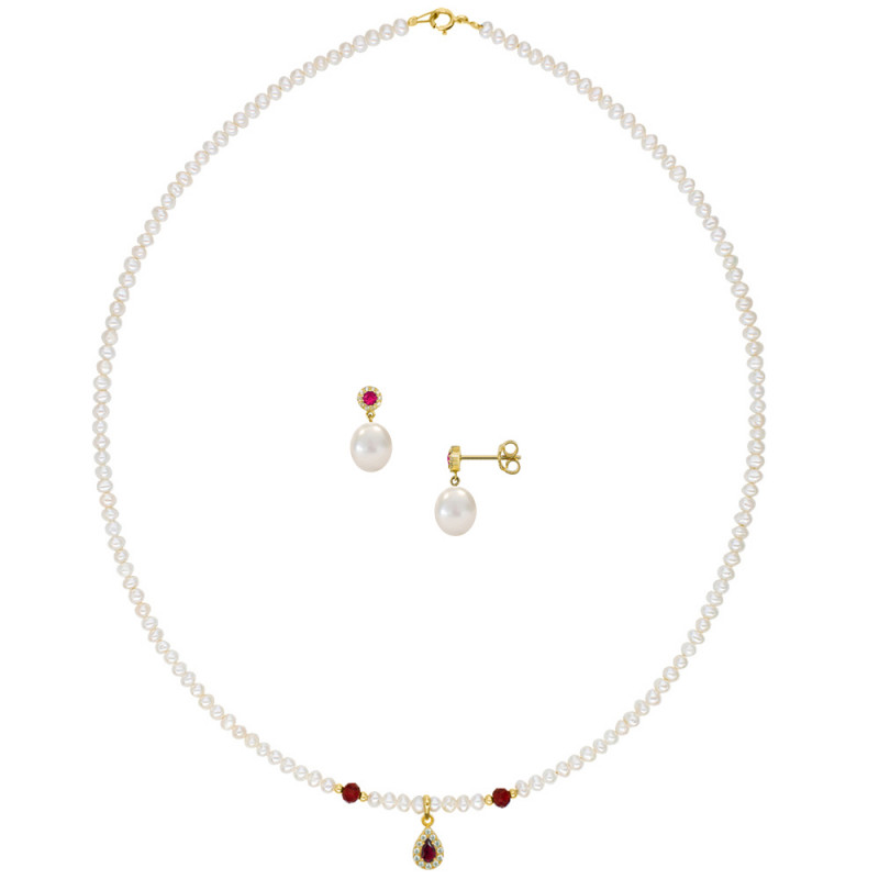 Σετ κολιέ και σκουλαρίκια με Κ14 χρυσά στοιχεία, λευκά μαργαριτάρια και ζιργκόν - S124257R