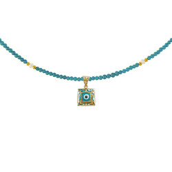 Κολιέ γούρι με τυρκουάζ, μαργαριτάρια χρυσό μενταγιόν 14Κ - M320012T