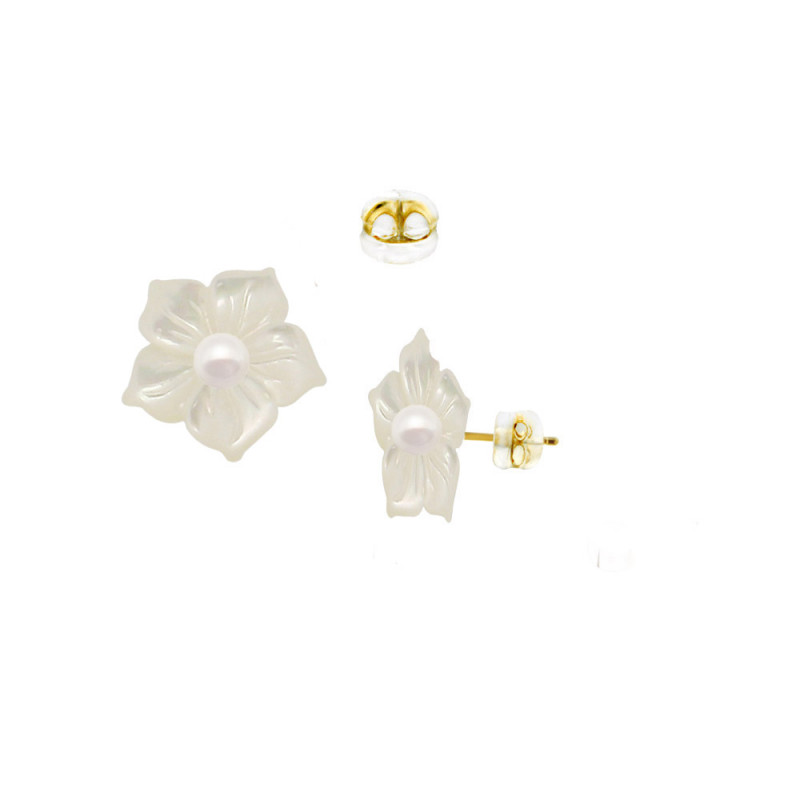 Σκουλαρίκια Κ14 χρυσά με λευκό λουλούδι - M124128