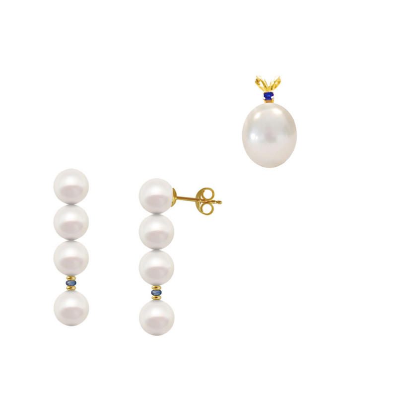 Σετ Κ14 χρυσό μενταγιόν και σκουλαρίκια με μαργαριτάρια και ζαφείρι - S122776S