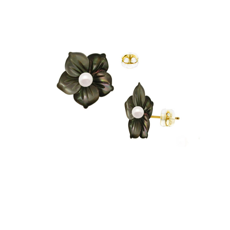 Σκουλαρίκια Κ14 χρυσά με μαύρο λουλούδι - M124128B