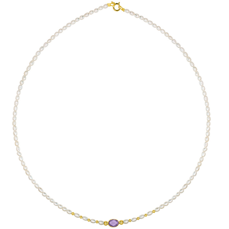 Κολιέ Κ14 χρυσό με λευκά μαργαριτάρια, amethyst και χρυσά στοιχεία Κ14 - F124152A
